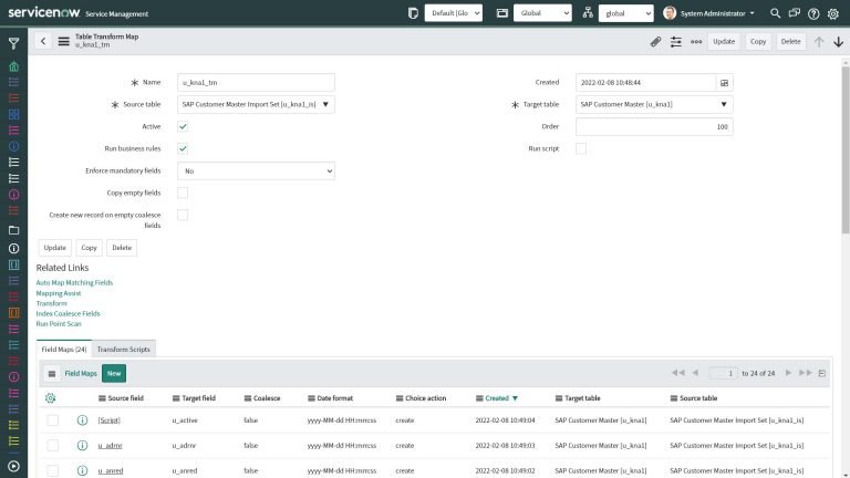 The generated Transform Map in ServiceNow