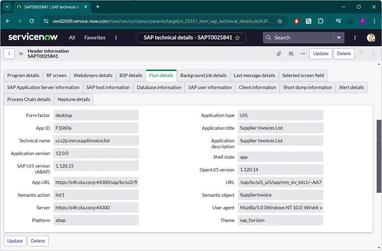 Fiori technical details attached to the ServiceNow incident