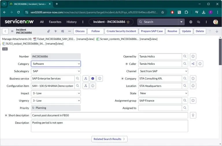 ServiceNow incident created from SAP GUI