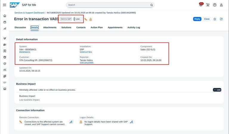 SAP Case displayed in SAP for Me