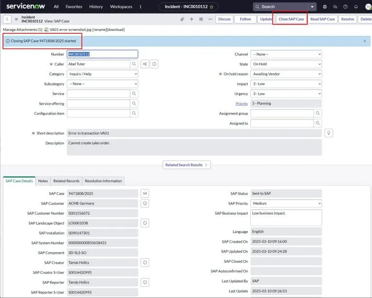 Closing SAP Case in ServiceNow