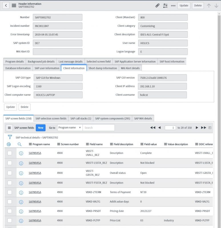 All SAP details saved in ServiceNow